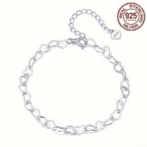 New in Box 925 Sterling Silver Hollow Out Love Heart Thin Chain Bracelet